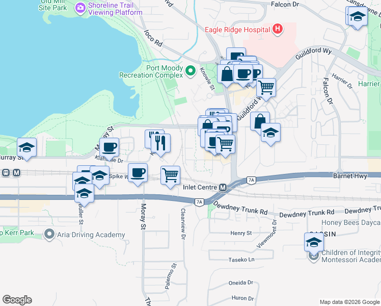 map of restaurants, bars, coffee shops, grocery stores, and more near in Port Moody