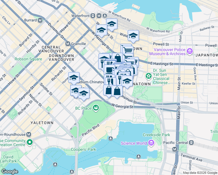 map of restaurants, bars, coffee shops, grocery stores, and more near 602 Citadel Parade in Vancouver