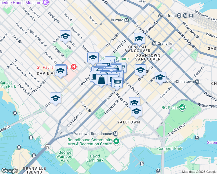 map of restaurants, bars, coffee shops, grocery stores, and more near 1002 Granville Street in Vancouver