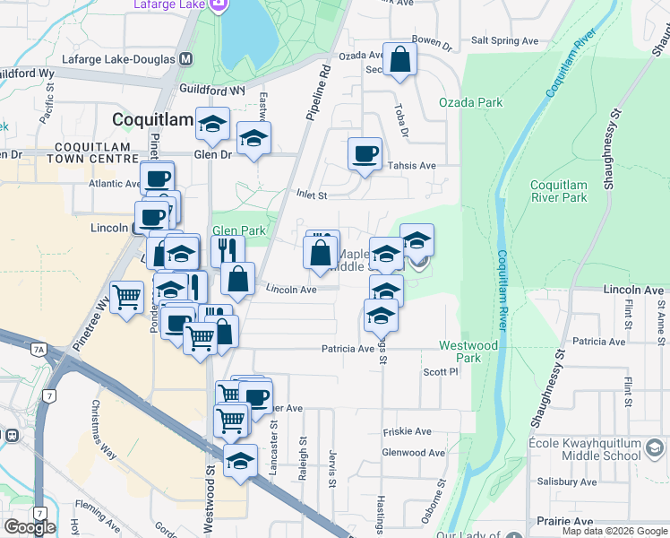 map of restaurants, bars, coffee shops, grocery stores, and more near 1137 Kensal Place in Coquitlam
