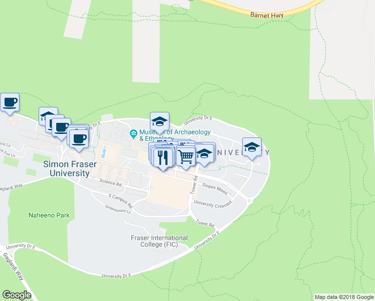 map of restaurants, bars, coffee shops, grocery stores, and more near 9025 Highland Court in Burnaby