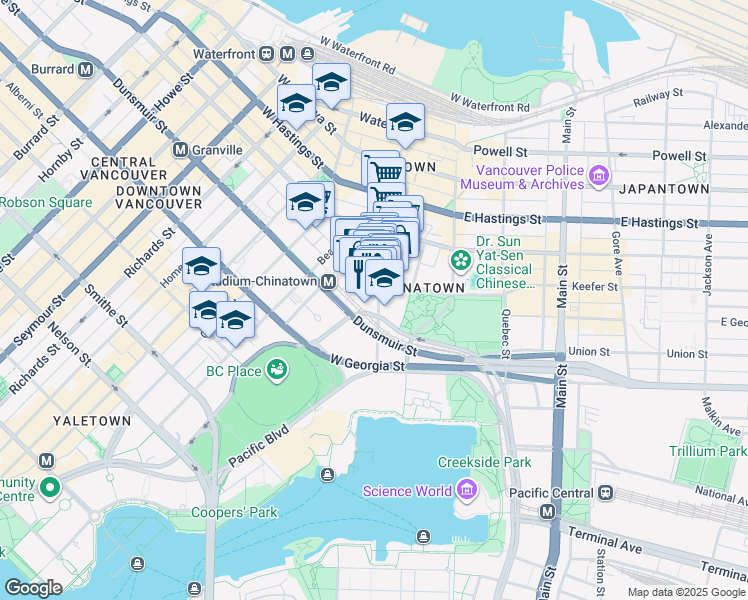 map of restaurants, bars, coffee shops, grocery stores, and more near 168 Keefer Place in Vancouver