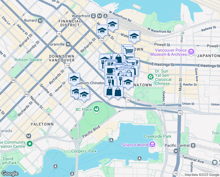 map of restaurants, bars, coffee shops, grocery stores, and more near in Vancouver