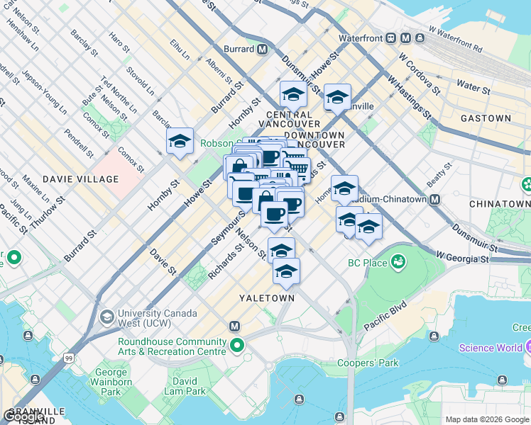 map of restaurants, bars, coffee shops, grocery stores, and more near 910 Richards Street in Vancouver
