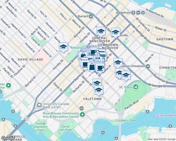 map of restaurants, bars, coffee shops, grocery stores, and more near 910 Richards Street in Vancouver
