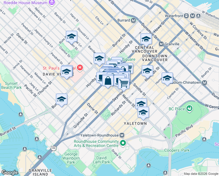 map of restaurants, bars, coffee shops, grocery stores, and more near in Vancouver