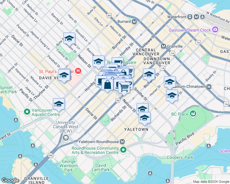 map of restaurants, bars, coffee shops, grocery stores, and more near 1002 Granville Street in Vancouver