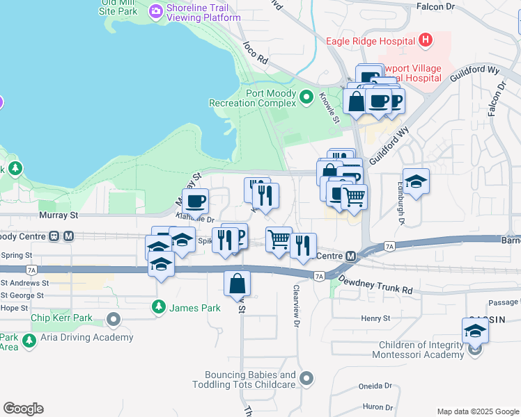 map of restaurants, bars, coffee shops, grocery stores, and more near 660 Nootka Way in Port Moody