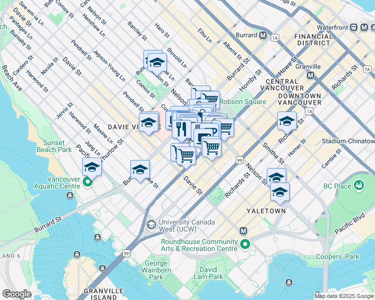 map of restaurants, bars, coffee shops, grocery stores, and more near 1110 Hornby Street in Vancouver