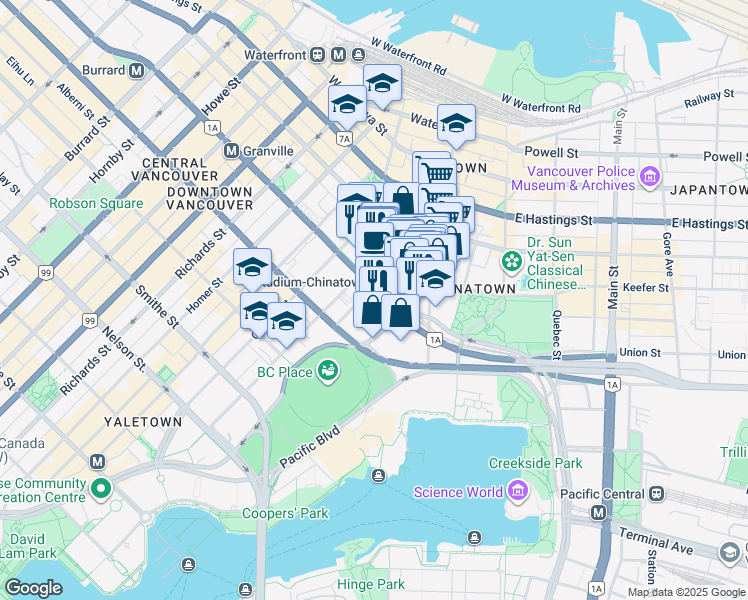 map of restaurants, bars, coffee shops, grocery stores, and more near 602 Citadel Parade in Vancouver