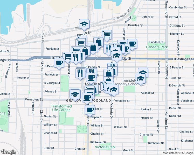 map of restaurants, bars, coffee shops, grocery stores, and more near 610 Salsbury Drive in Vancouver
