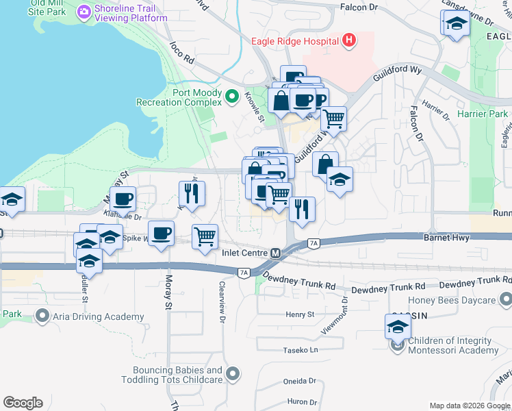map of restaurants, bars, coffee shops, grocery stores, and more near 201 Morrissey Road in Port Moody