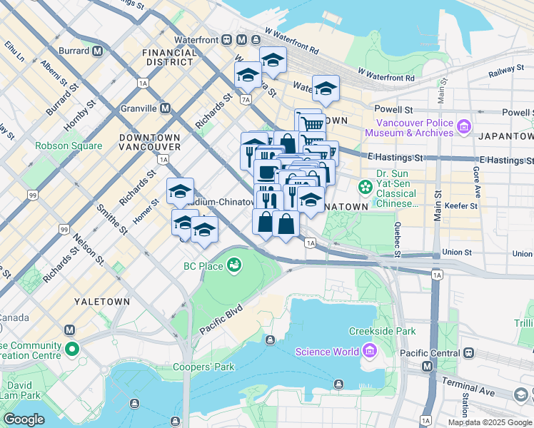 map of restaurants, bars, coffee shops, grocery stores, and more near 602 Citadel Parade in Vancouver