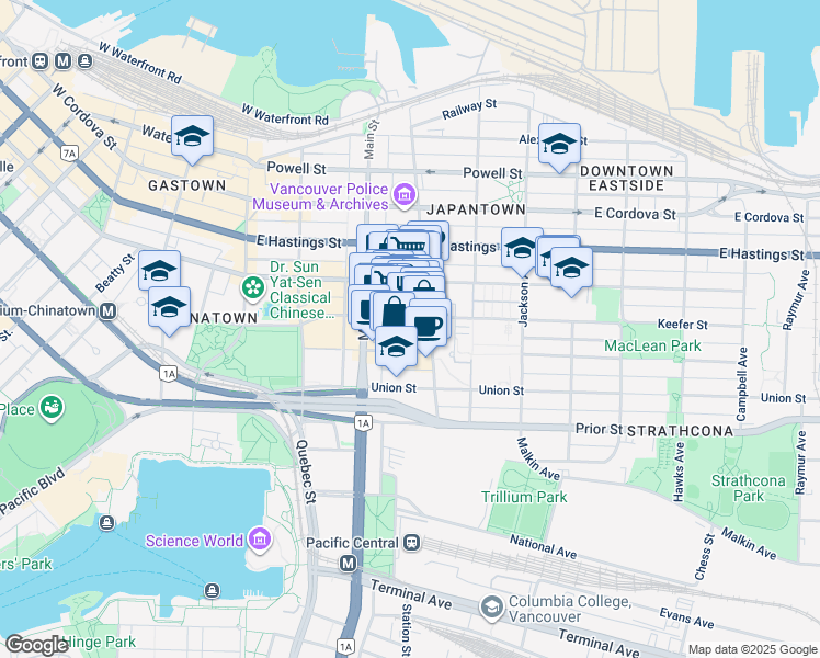 map of restaurants, bars, coffee shops, grocery stores, and more near 268 Keefer Street in Vancouver