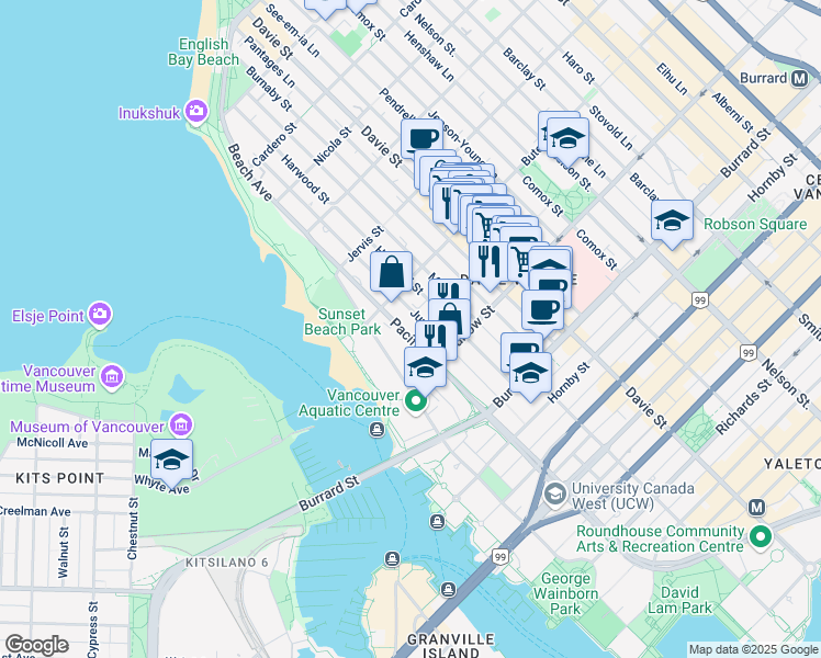 map of restaurants, bars, coffee shops, grocery stores, and more near 1155 Pacific Street in Vancouver