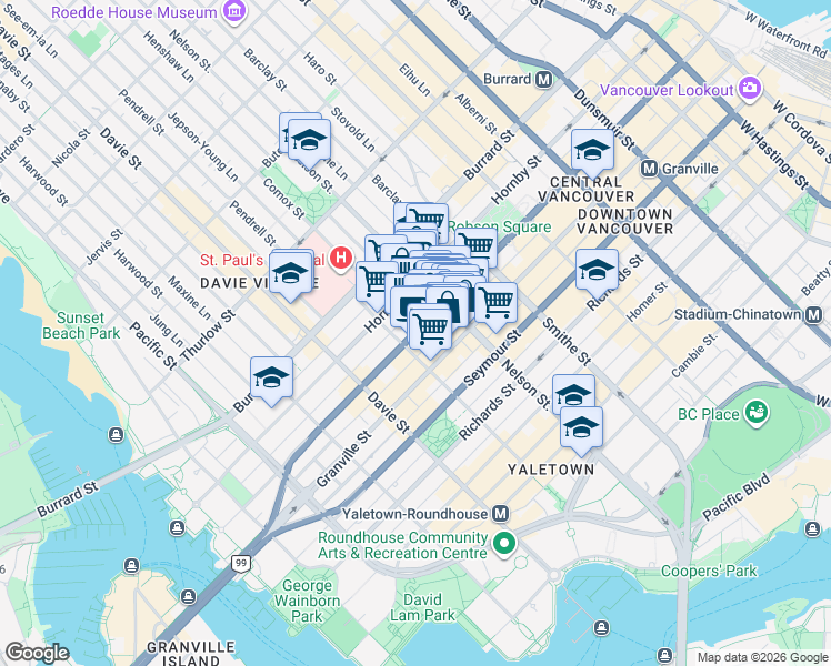 map of restaurants, bars, coffee shops, grocery stores, and more near Howe Street in Vancouver