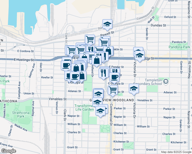 map of restaurants, bars, coffee shops, grocery stores, and more near 1622 Frances Street in Vancouver