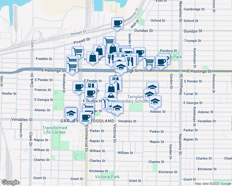 map of restaurants, bars, coffee shops, grocery stores, and more near 1930 Turner St in Vancouver