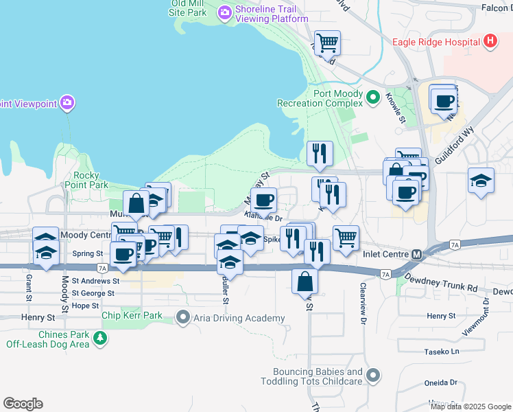 map of restaurants, bars, coffee shops, grocery stores, and more near 100 Klahanie Drive in Port Moody