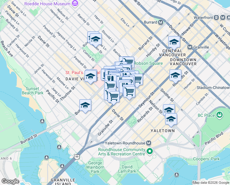 map of restaurants, bars, coffee shops, grocery stores, and more near 1102 Hornby Street in Vancouver