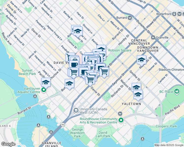 map of restaurants, bars, coffee shops, grocery stores, and more near 1110 Hornby Street in Vancouver