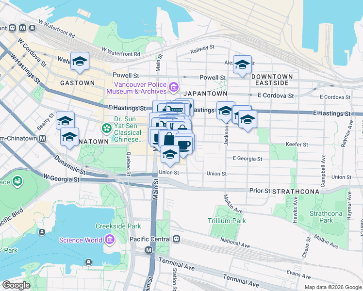 map of restaurants, bars, coffee shops, grocery stores, and more near in Vancouver