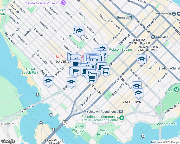 map of restaurants, bars, coffee shops, grocery stores, and more near 1133 Hornby Street in Vancouver