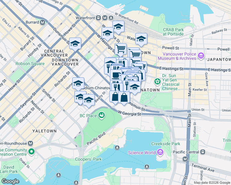 map of restaurants, bars, coffee shops, grocery stores, and more near 602 Citadel Parade in Vancouver