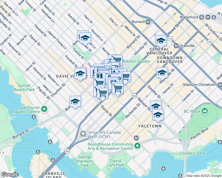 map of restaurants, bars, coffee shops, grocery stores, and more near 811 Helmcken Street in Vancouver