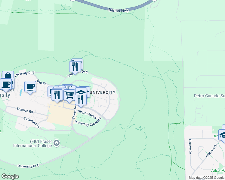 map of restaurants, bars, coffee shops, grocery stores, and more near 9262 University Crescent in Burnaby