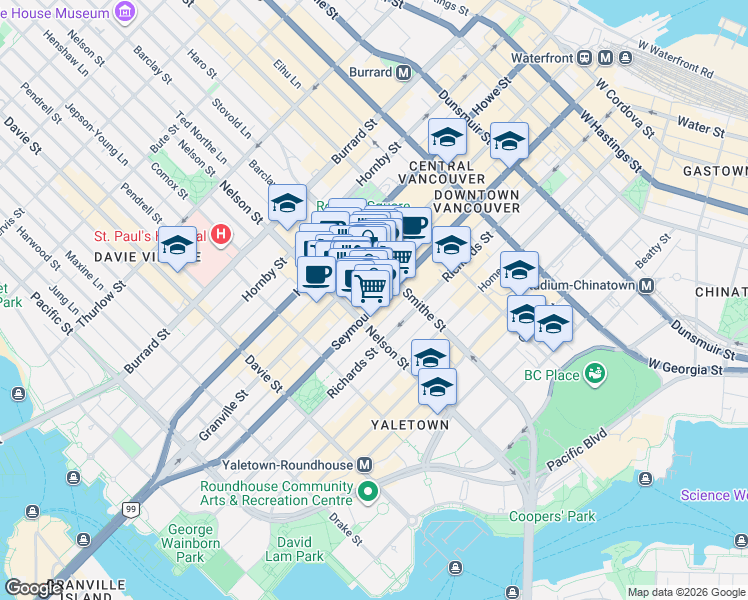 map of restaurants, bars, coffee shops, grocery stores, and more near 933 Seymour Street in Vancouver
