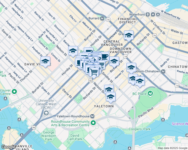 map of restaurants, bars, coffee shops, grocery stores, and more near 888 Granville Street in Vancouver