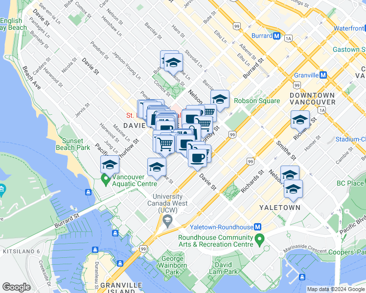 map of restaurants, bars, coffee shops, grocery stores, and more near 1081 Burrard Street in Vancouver