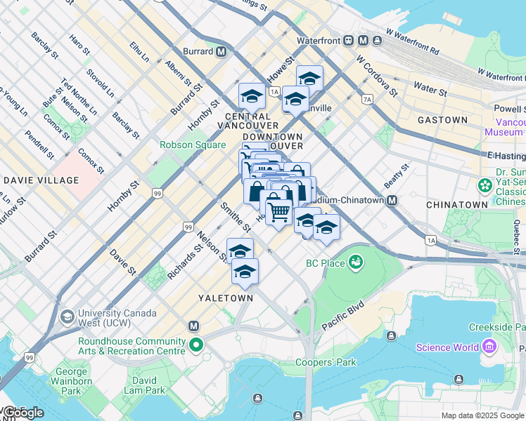 map of restaurants, bars, coffee shops, grocery stores, and more near 833 Homer Street in Vancouver