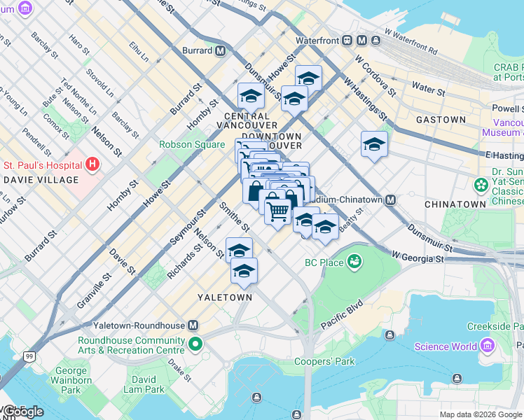 map of restaurants, bars, coffee shops, grocery stores, and more near in Vancouver