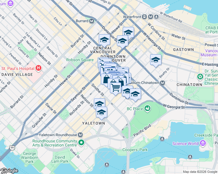 map of restaurants, bars, coffee shops, grocery stores, and more near 833 Homer Street in Vancouver