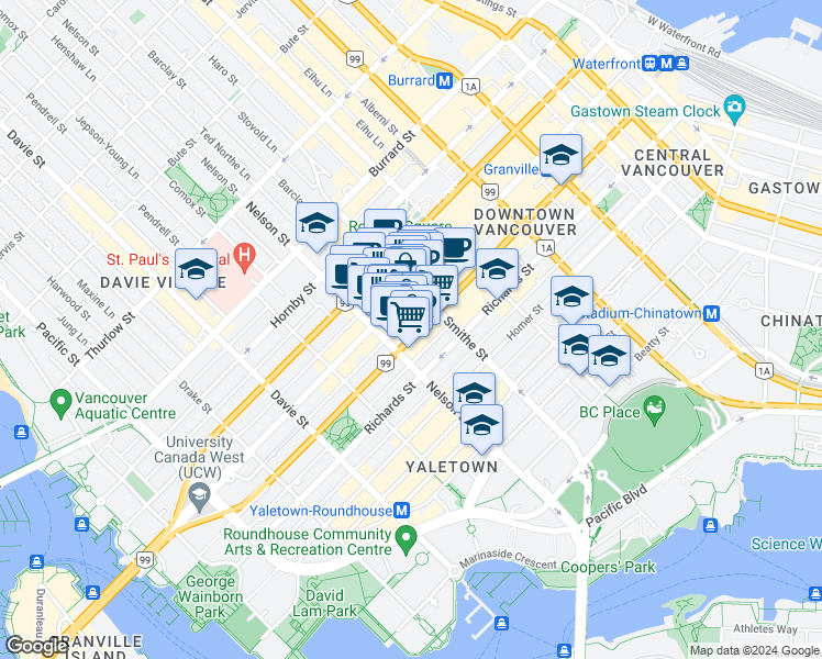 map of restaurants, bars, coffee shops, grocery stores, and more near 933 Seymour Street in Vancouver