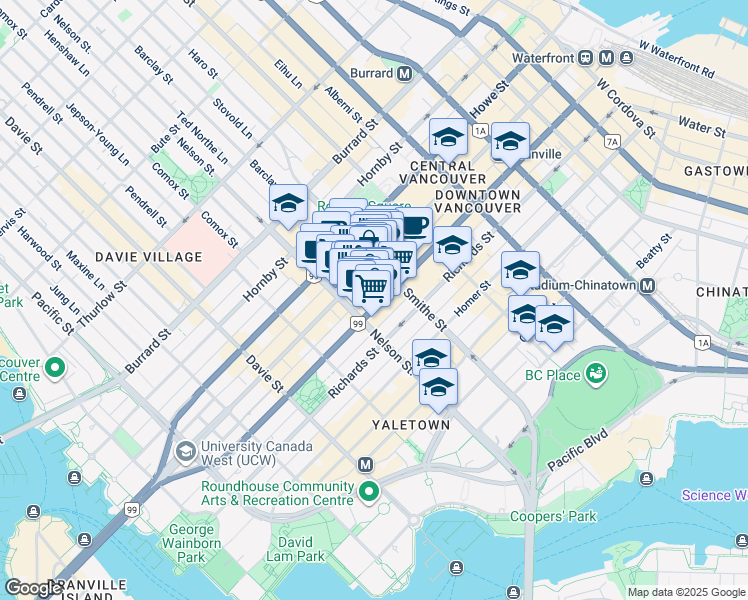 map of restaurants, bars, coffee shops, grocery stores, and more near 933 Seymour Street in Vancouver