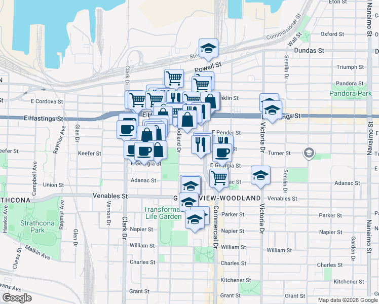 map of restaurants, bars, coffee shops, grocery stores, and more near 1636 Frances Street in Vancouver
