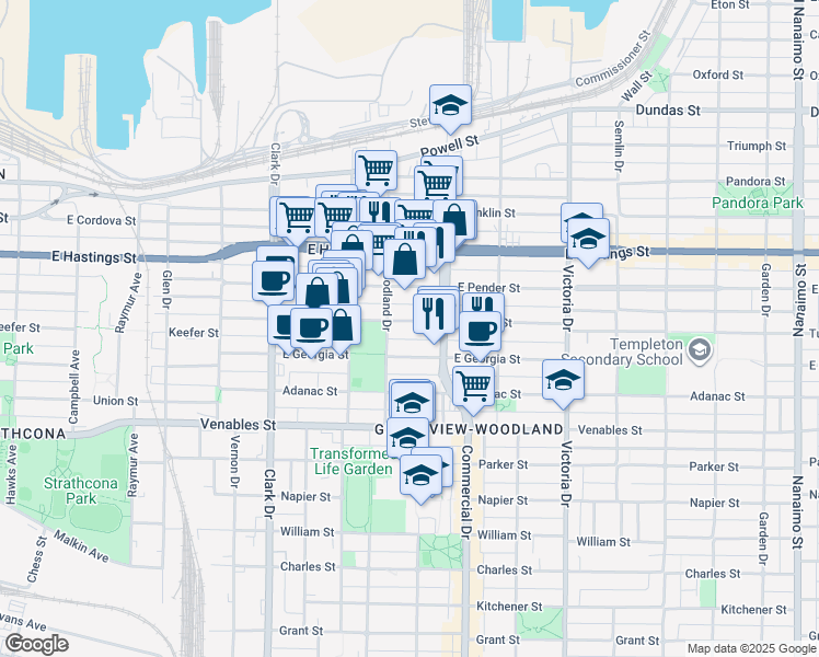 map of restaurants, bars, coffee shops, grocery stores, and more near 1636 Frances Street in Vancouver