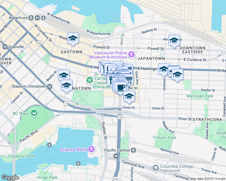 map of restaurants, bars, coffee shops, grocery stores, and more near 180 Keefer Street in Vancouver