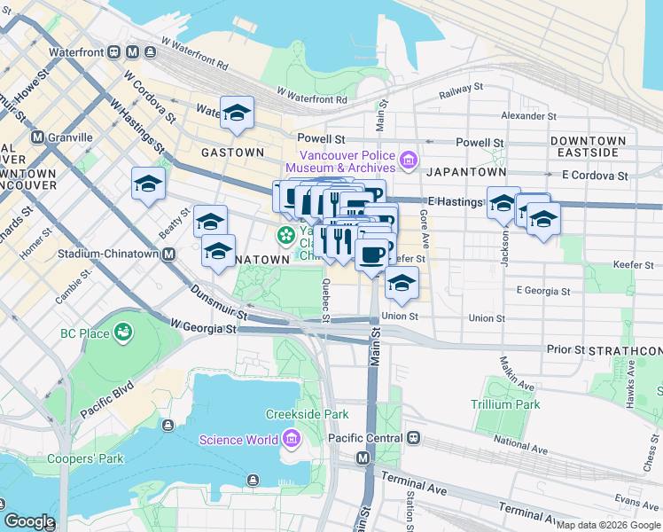 map of restaurants, bars, coffee shops, grocery stores, and more near 100 Keefer Street in Vancouver