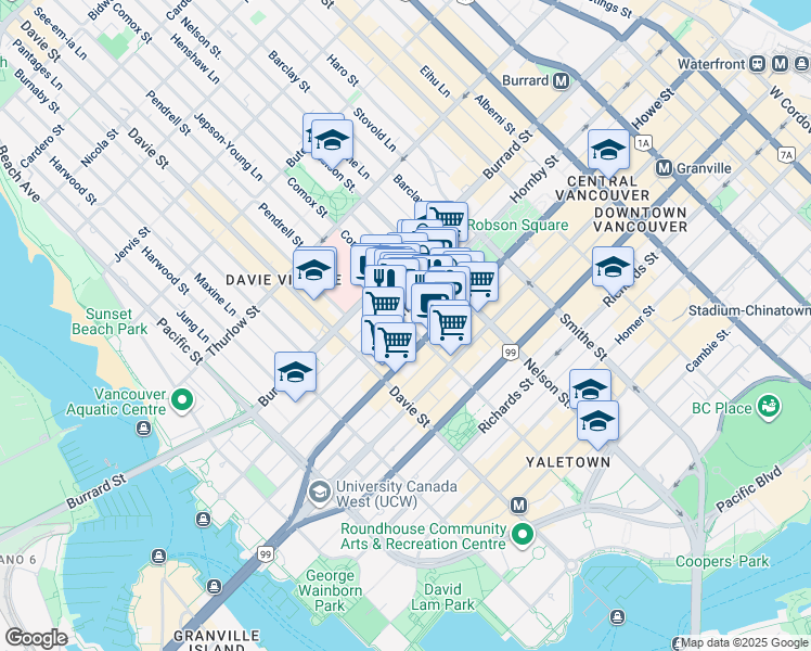 map of restaurants, bars, coffee shops, grocery stores, and more near 1101 Howe Street in Vancouver