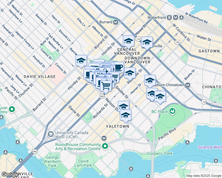 map of restaurants, bars, coffee shops, grocery stores, and more near 930 Seymour Street in Vancouver