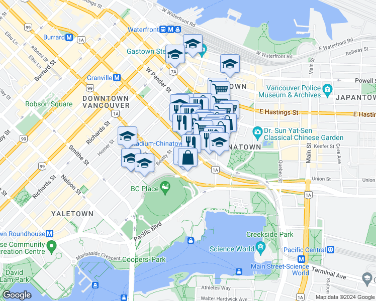 map of restaurants, bars, coffee shops, grocery stores, and more near 602 Citadel Parade in Vancouver