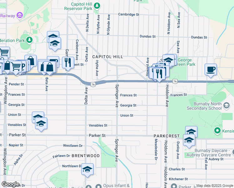 map of restaurants, bars, coffee shops, grocery stores, and more near 5133 Frances Street in Burnaby