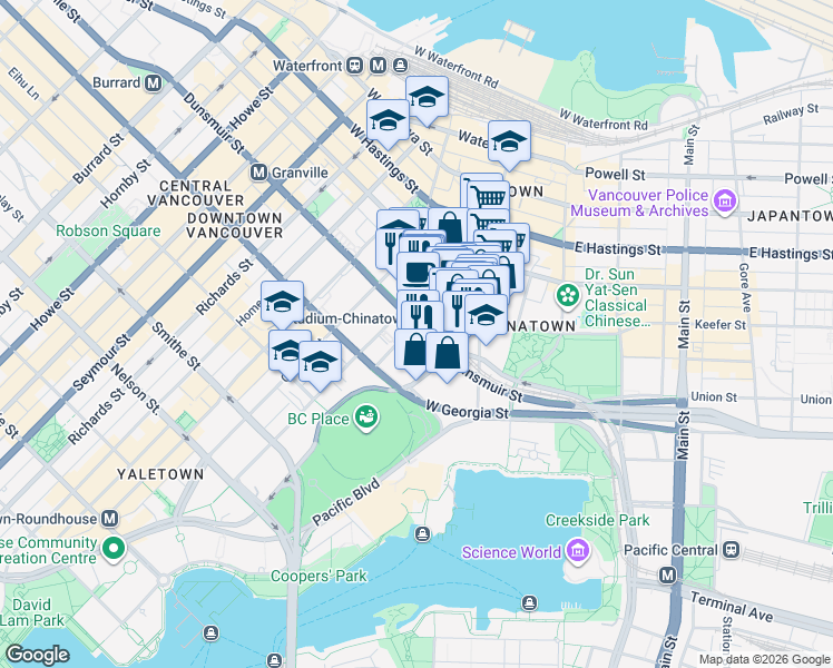 map of restaurants, bars, coffee shops, grocery stores, and more near 602 Citadel Parade in Vancouver
