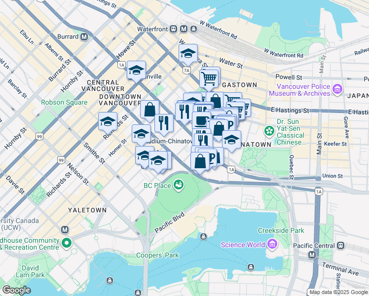 map of restaurants, bars, coffee shops, grocery stores, and more near 696 Beatty Street in Vancouver