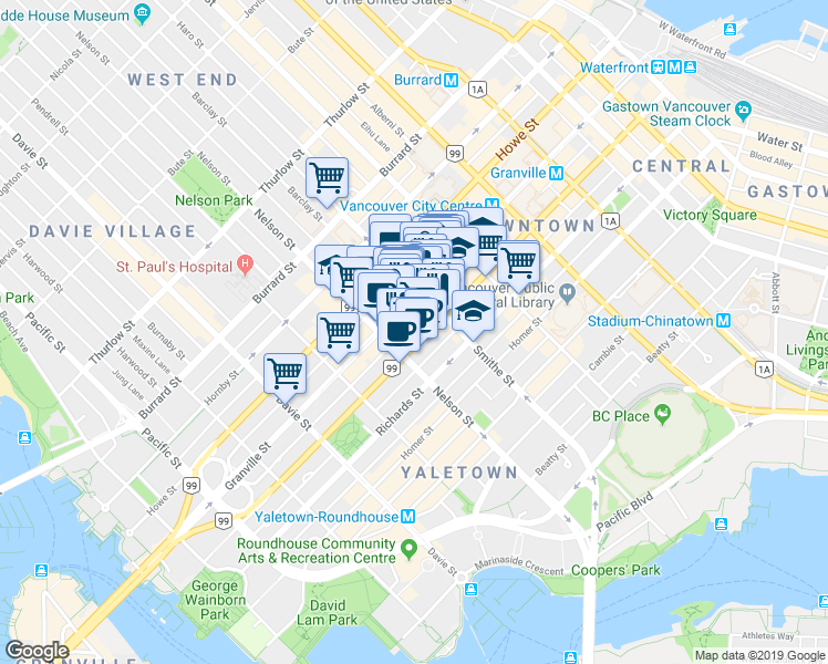 map of restaurants, bars, coffee shops, grocery stores, and more near in Vancouver