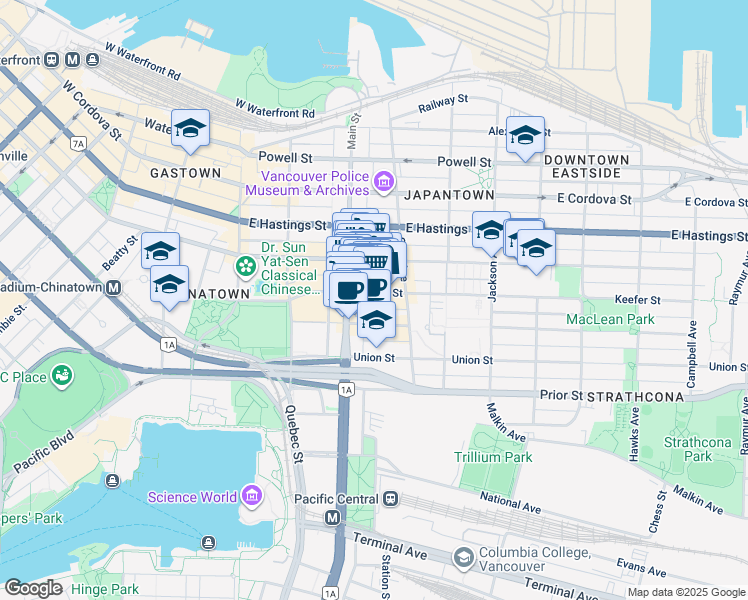map of restaurants, bars, coffee shops, grocery stores, and more near 268 Keefer Street in Vancouver